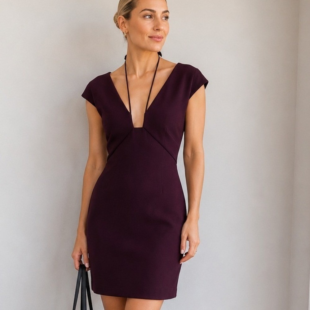 Halston Heritage Square Bust‎ Burgundy Cocktail Dress Sheath Cocktail Dress Sz 0